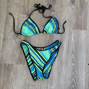 Striped Blue and Green Bikini Set